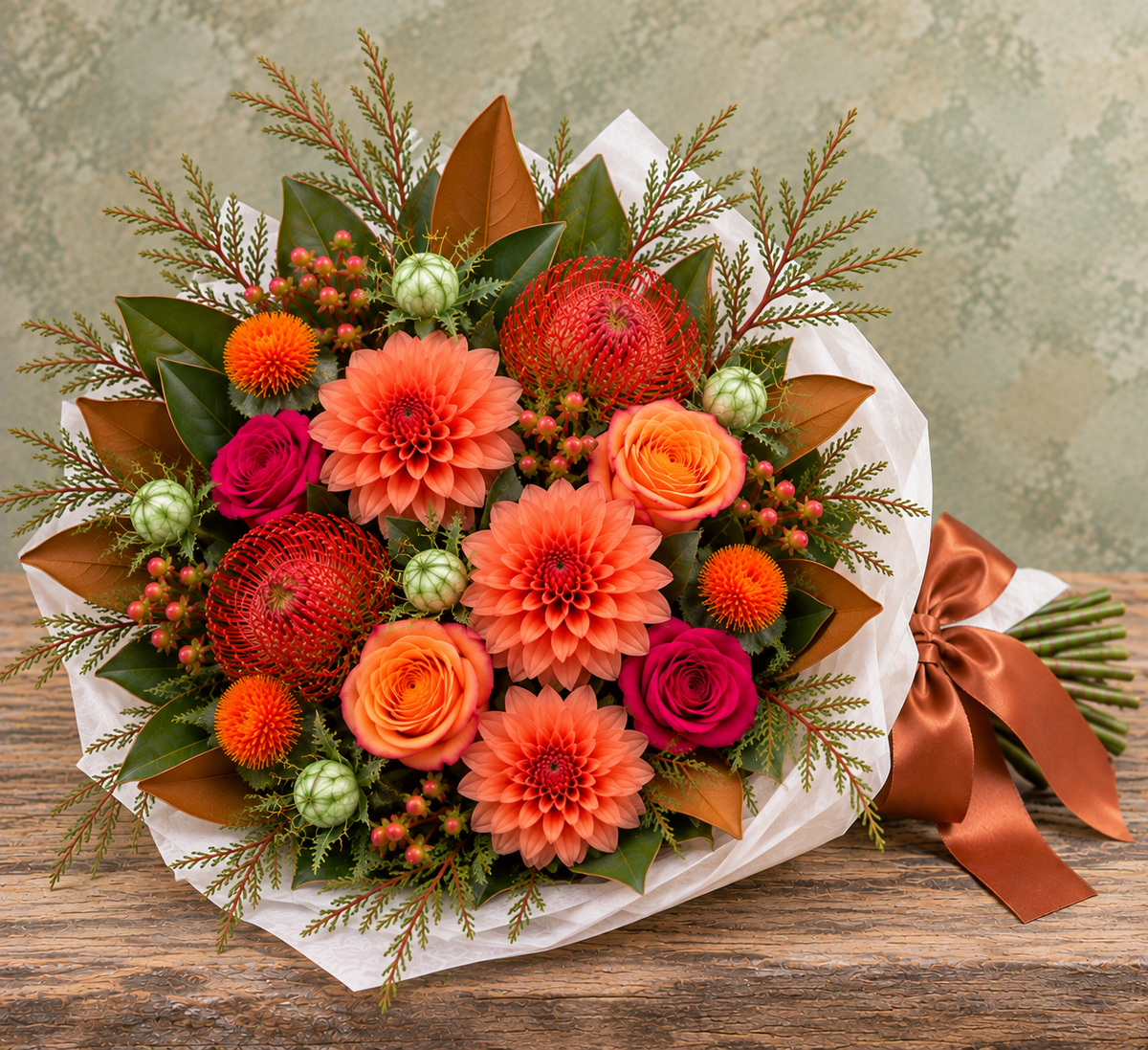 Harvest Cottage fall floral wrapped bouquet with orange roses, coral dahlias, seasonal blooms, magnolia foliage and textured greenery wrapped in parchment paper and tied with a satin ribbon.