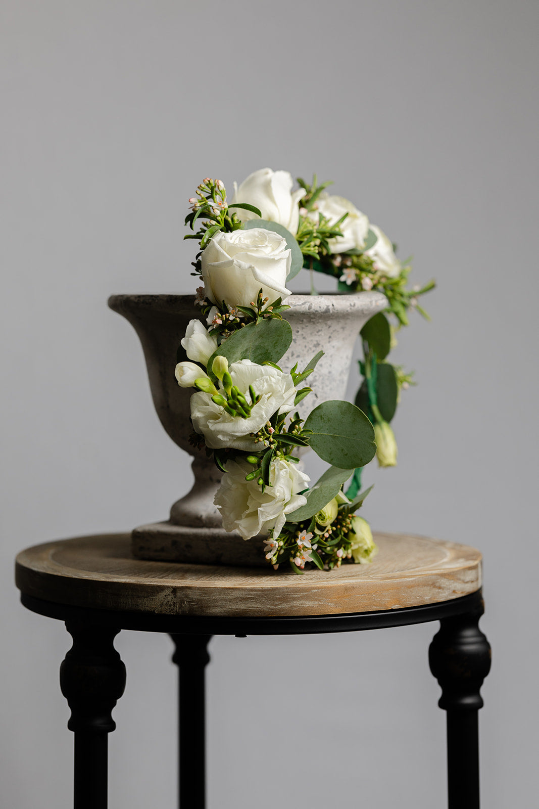 Floral Crown of white flowers roses and freesia