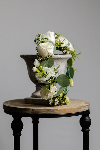 Floral Crown of white flowers roses and freesia