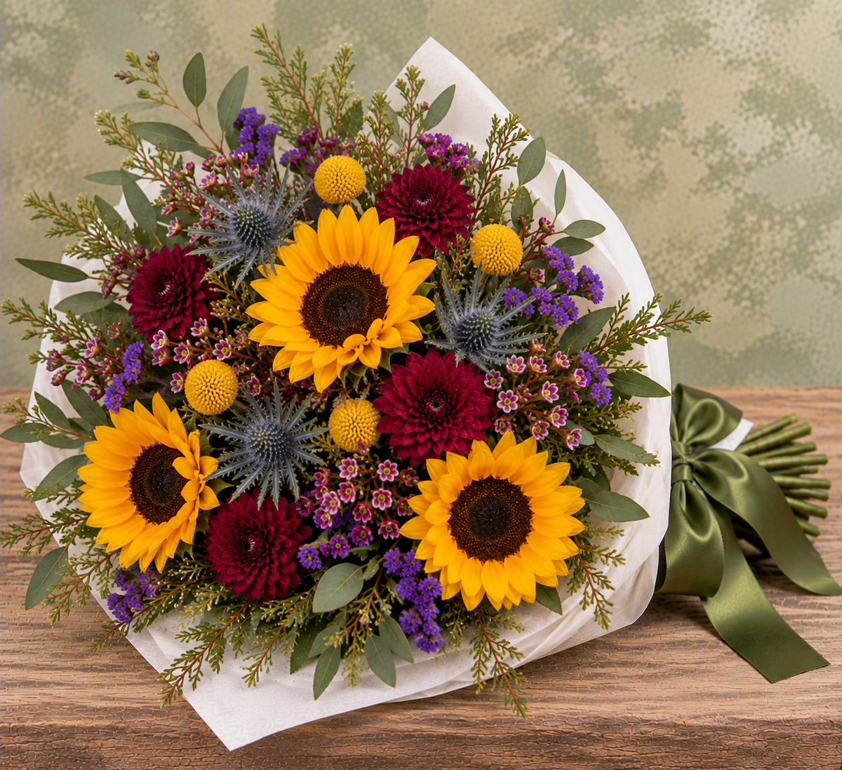 Gathered for Fall Wrapped Bouquet with golden sunflowers, blue thistle, burgundy cushion poms, purple statice, yellow craspedia, waxflower and eucalyptus, wrapped in white parchment with a satin ribbon
