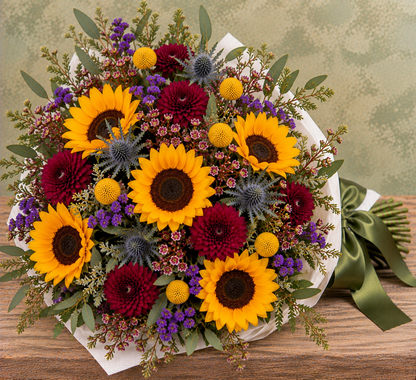 Gathered for Fall Wrapped Bouquet with golden sunflowers, blue thistle, burgundy cushion poms, purple statice, yellow craspedia, waxflower and eucalyptus, wrapped in white parchment with a satin ribbon