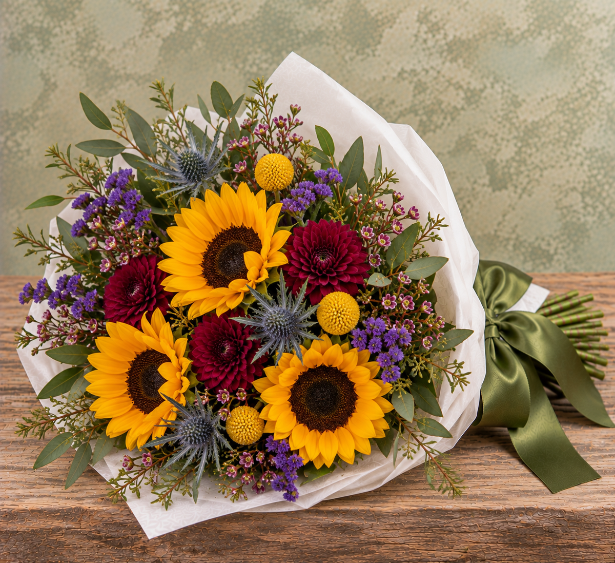 Gathered for Fall Wrapped Bouquet with golden sunflowers, blue thistle, burgundy cushion poms, purple statice, yellow craspedia, waxflower and eucalyptus, wrapped in white parchment with a satin ribbon