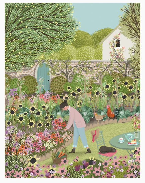 Illustration of a person tending to a garden with flowers and a house in the background Birthday Greeting Card