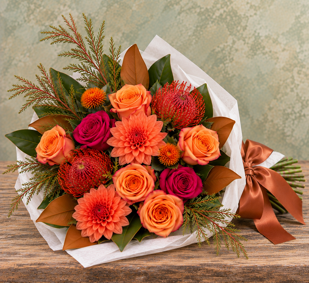 Harvest Cottage fall floral wrapped bouquet with orange roses, coral dahlias, seasonal blooms, magnolia foliage and textured greenery wrapped in parchment paper and tied with a satin ribbon.
