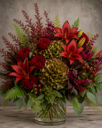 October Meadow fall floral arrangement with red roses, Antique green hydrangea, red lilies, burgundy stock flower, burgundy hypericum berries and textured greenery in a clear glass vase.