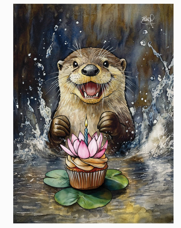 Illustration of an otter holding a birthday cupcake with a lit candle in water. greeting card