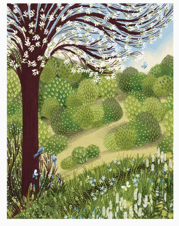 Illustration of a garden scene with trees, bushes, and birds sympathy greeting card