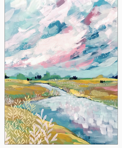 Colorful landscape painting with a stream and sky sympathy greeting card